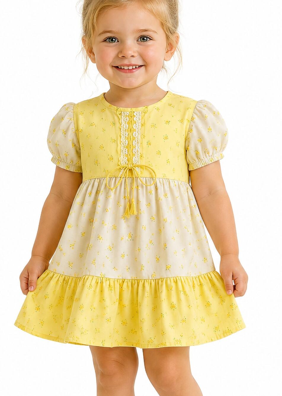 Bloome de Jeune Fille Vintage Prairie Dress 3T Yellow Floral Puff Sleeve 70s